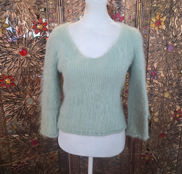 Express Angora Rabbit Hair V-Neck Ribbed Cropped Sweater Green Womens Small - Picture 1 of 8